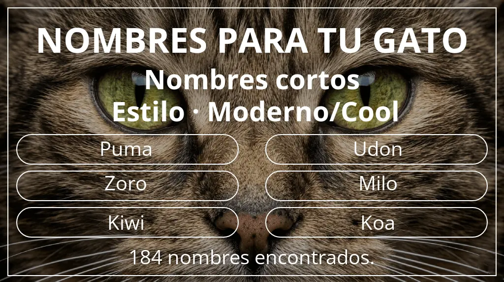 Nombres para gatos basados en longitud del nombre corto (2-4) y estilo moderno/cool