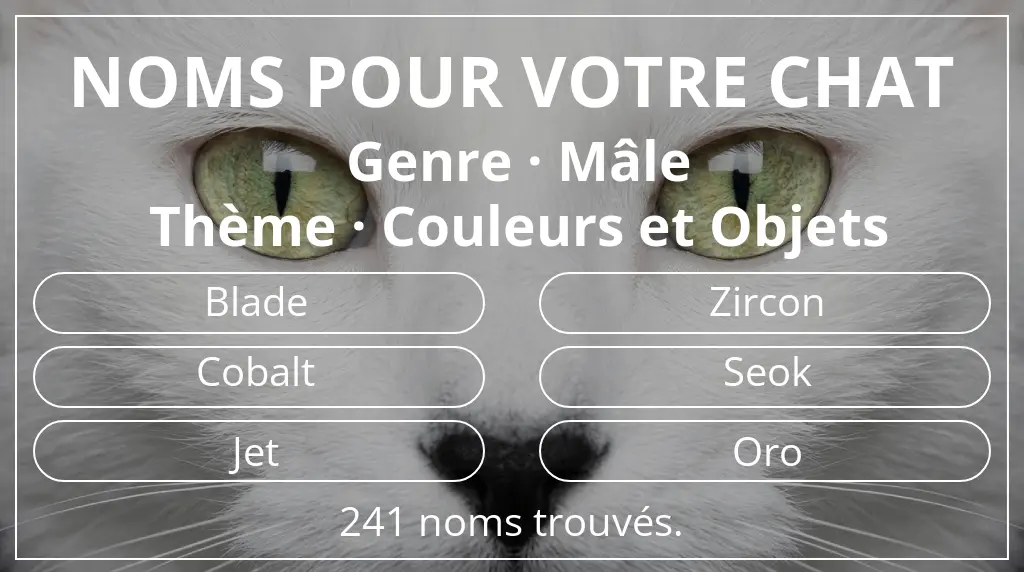 Noms pour chats en lien avec genre mâle et thème couleurs et objets