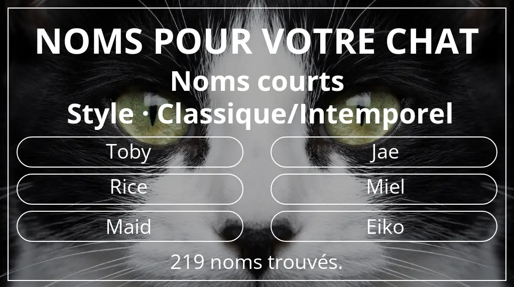 Noms pour chats basés sur longueur du nom court (2 à 4) et style classique/intemporel