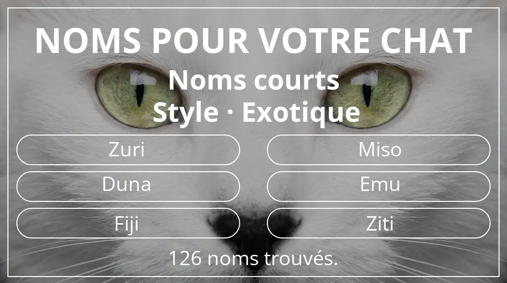 Noms pour chats basés sur longueur du nom court (2 à 4) et style exotique