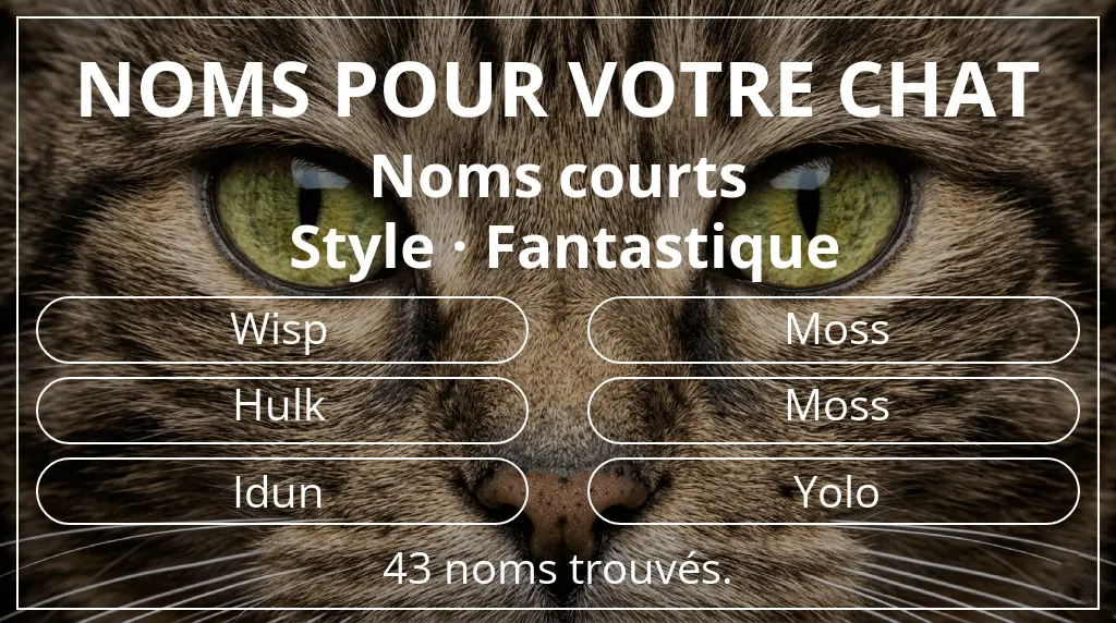 Noms de chats en lien avec longueur du nom court (2 à 4) et style fantastique