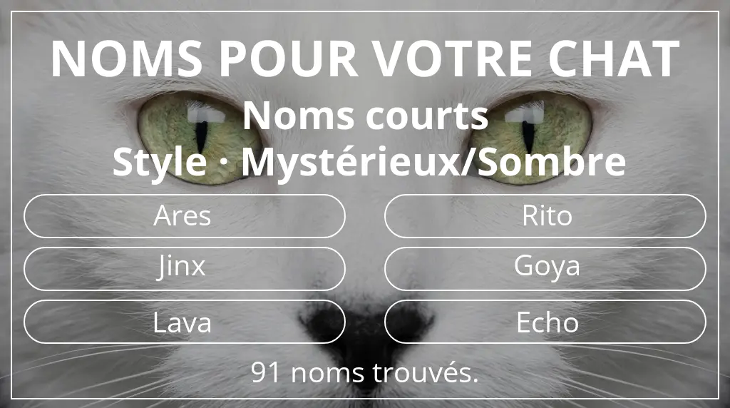 Noms félins basés sur longueur du nom court (2 à 4) et style mystérieux/sombre