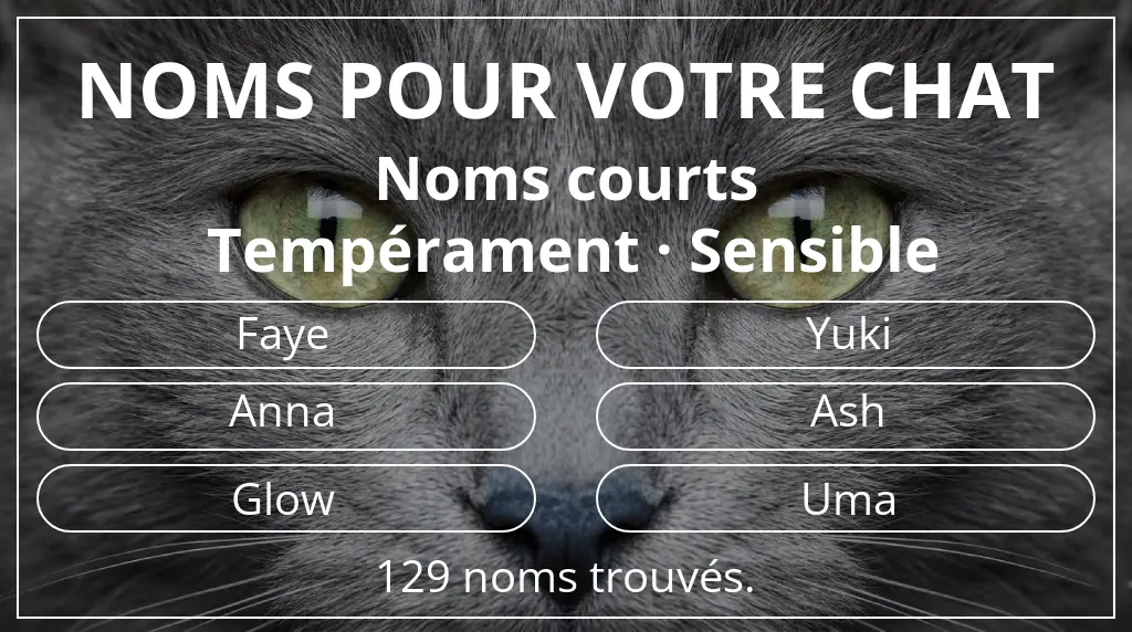 Noms pour chats basés sur longueur du nom court (2 à 4) et tempérament sensible