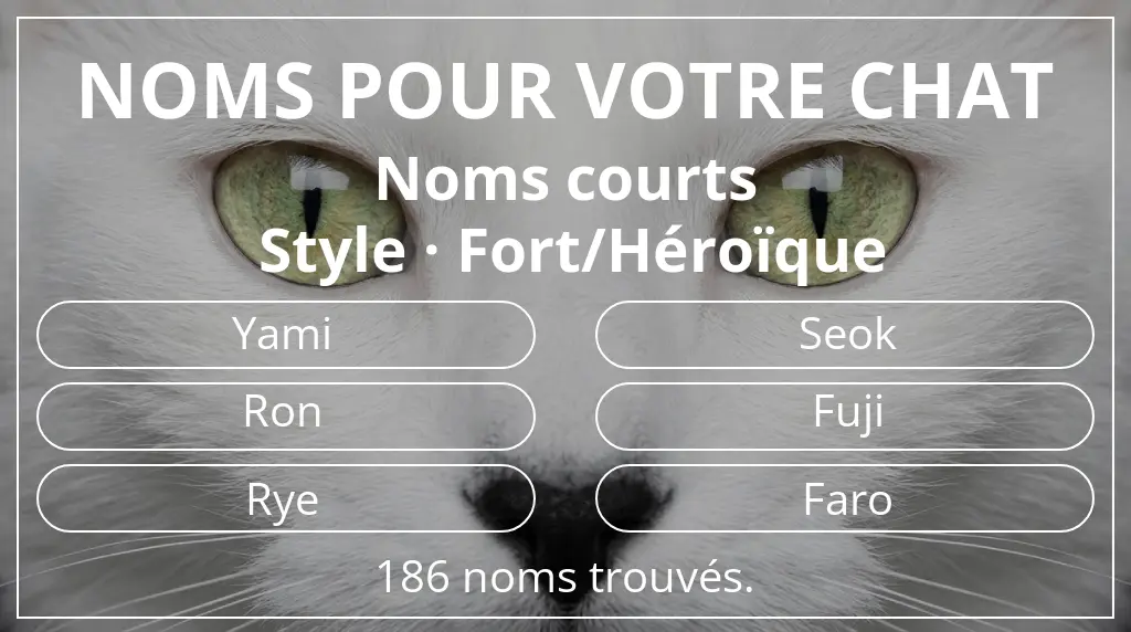 Noms félins inspirés de longueur du nom court (2 à 4) et style fort/héroïque