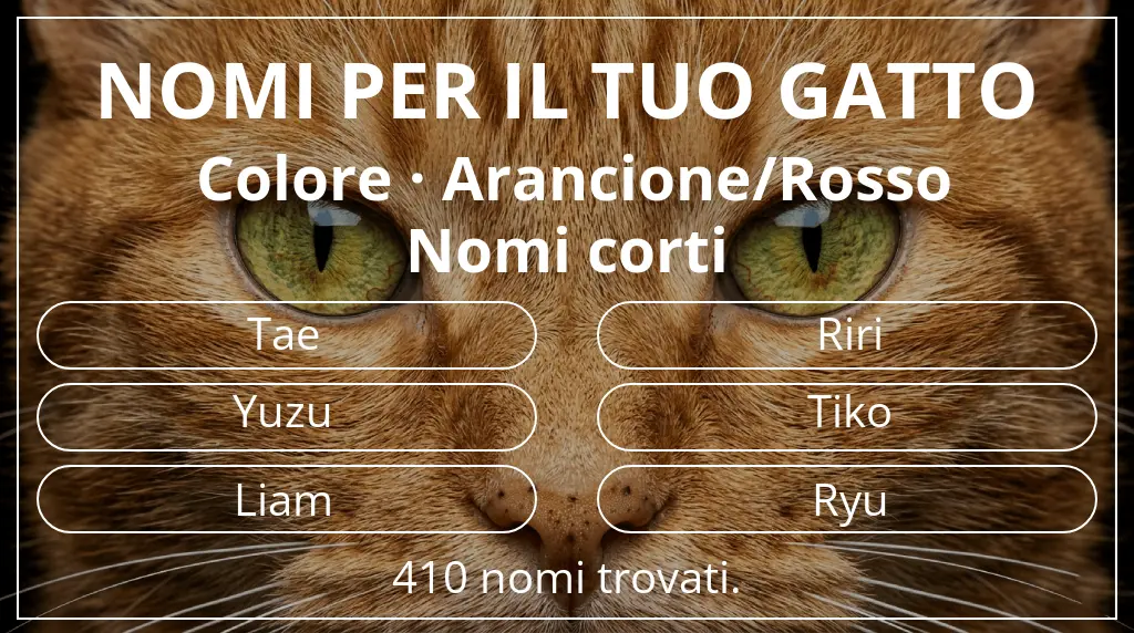 Nomi per gatti legati a colore arancione/rosso e lunghezza del nome breve (2–4)