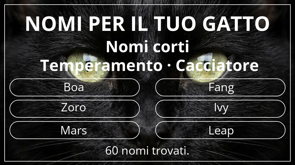 Nomi felini legati a lunghezza del nome breve (2–4) e temperamento cacciatore
