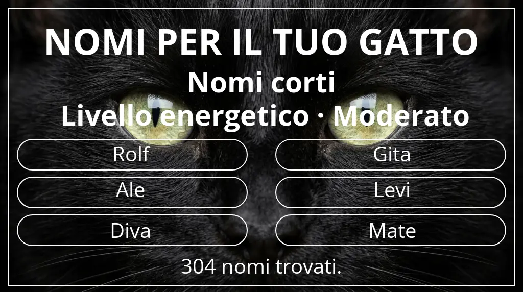 Nomi per gatti basati su lunghezza del nome breve (2–4) e livello energetico moderato