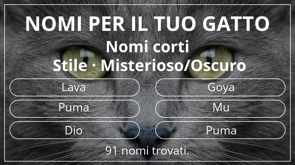 Nomi felini legati a lunghezza del nome breve (2–4) e stile misterioso/oscuro