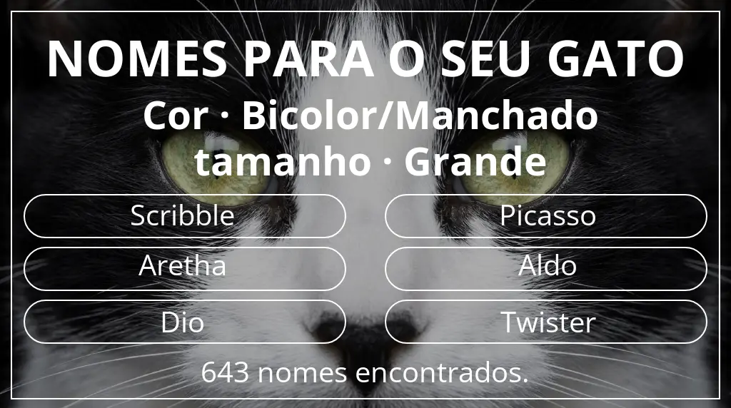 Nomes felinos baseados em cor bicolor/manchado e tamanho grande