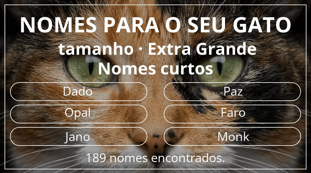 Nomes felinos com inspiração em tamanho extra grande e comprimento do nome curto (2–4)