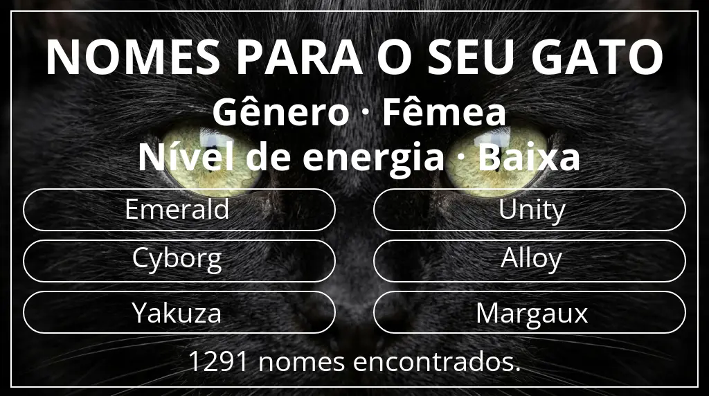 Nomes para gatos baseados em gênero fêmea e nível de energia baixa