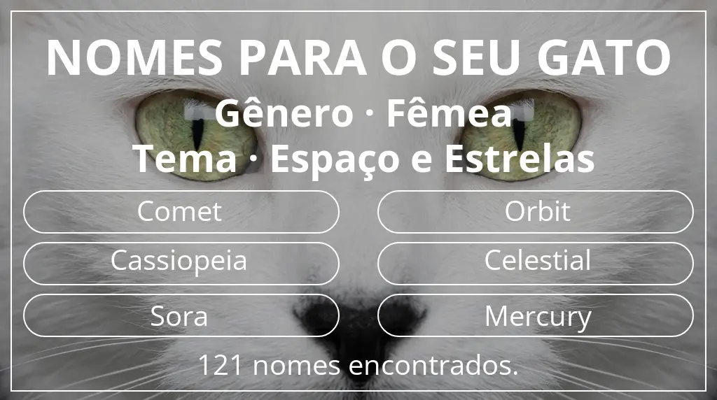 Nomes para gatos baseados em gênero fêmea e tema espaço e estrelas