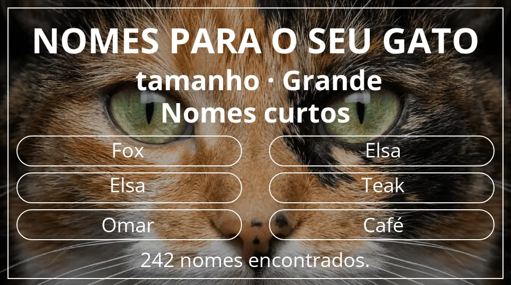 Nomes para gatos relacionados com tamanho grande e comprimento do nome curto (2–4)