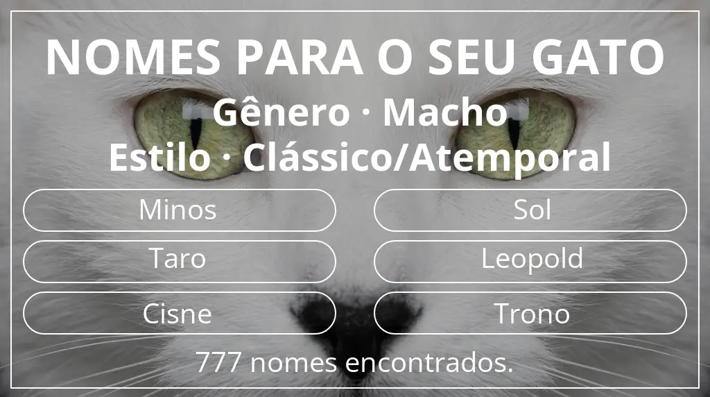 Nomes de gatos com inspiração em gênero macho e estilo clássico/atemporal