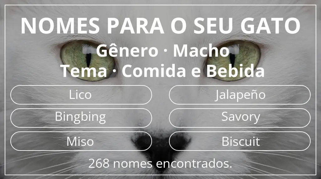 Nomes de gatos com inspiração em gênero macho e tema comida e bebida