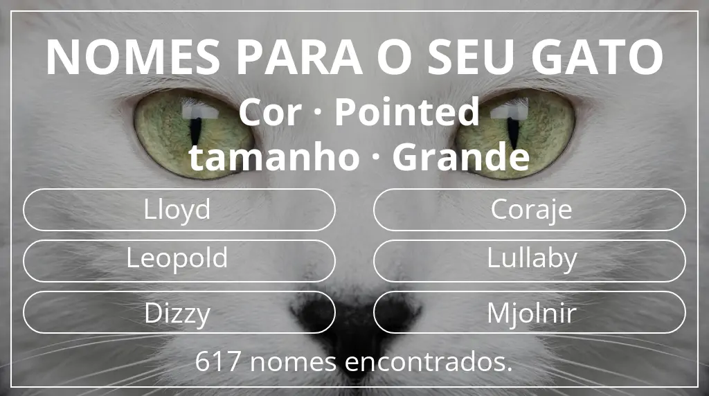 Nomes felinos baseados em cor pointed e tamanho grande