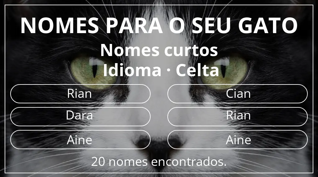Nomes para gatos com inspiração em comprimento do nome curto (2–4) e idioma celta