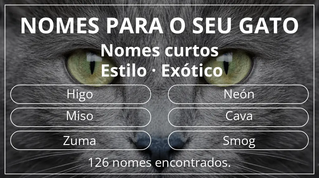 Nomes de gatos baseados em comprimento do nome curto (2–4) e estilo exótico
