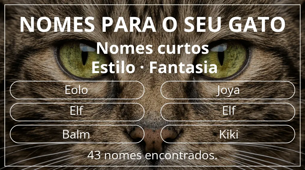 Nomes felinos com inspiração em comprimento do nome curto (2–4) e estilo fantasia