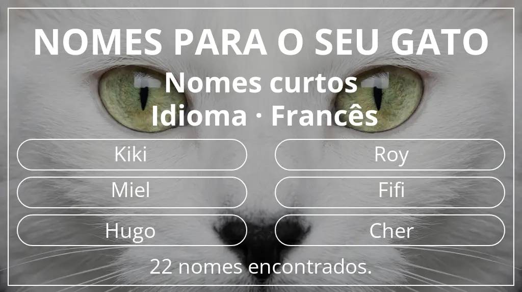 Nomes para gatos com inspiração em comprimento do nome curto (2–4) e idioma francês