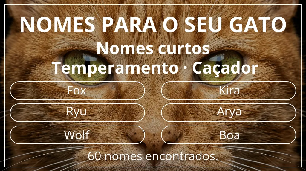 Nomes felinos baseados em comprimento do nome curto (2–4) e temperamento caçador