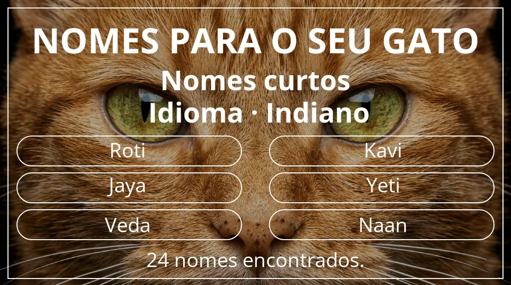 Nomes felinos baseados em comprimento do nome curto (2–4) e idioma indiano