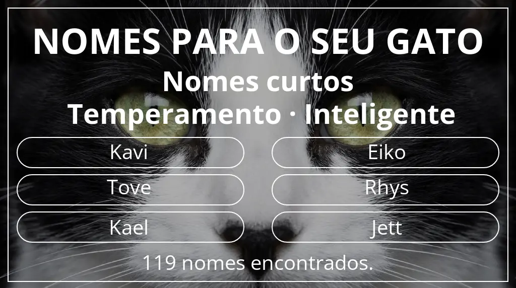 Nomes para gatos baseados em comprimento do nome curto (2–4) e temperamento inteligente