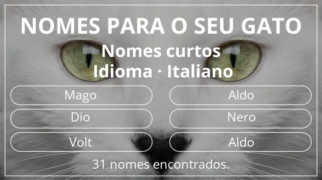 Nomes felinos com inspiração em comprimento do nome curto (2–4) e idioma italiano