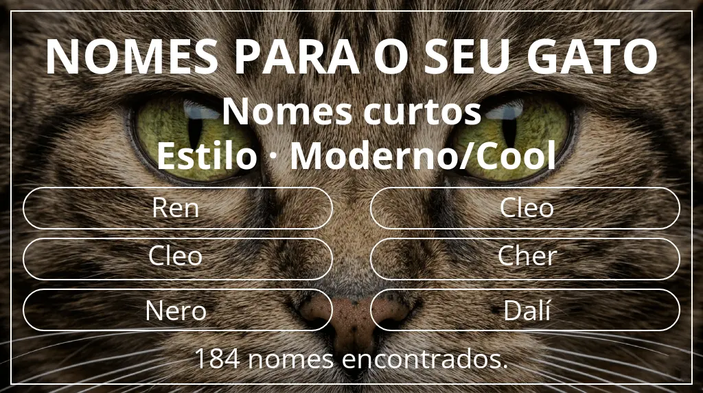 Nomes para gatos baseados em comprimento do nome curto (2–4) e estilo moderno/cool