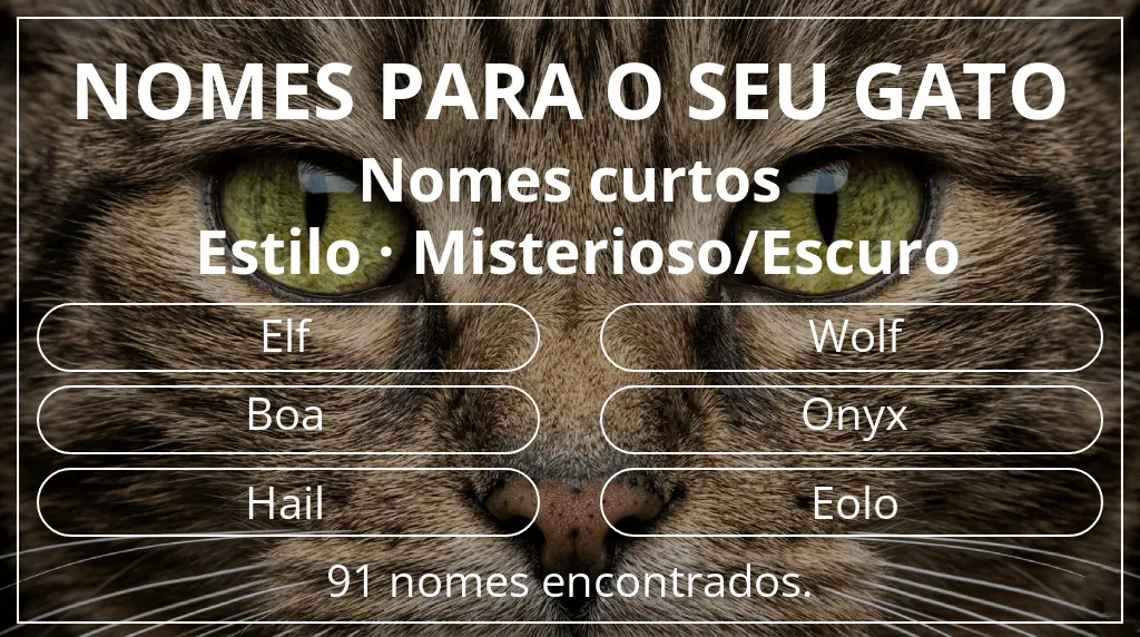 Nomes para gatos com inspiração em comprimento do nome curto (2–4) e estilo misterioso/escuro