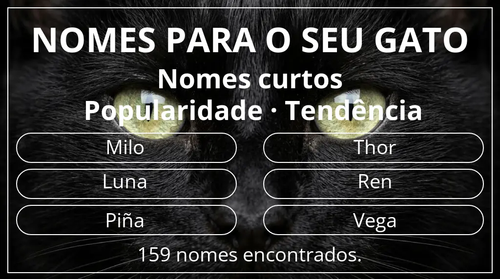 Nomes felinos com inspiração em comprimento do nome curto (2–4) e popularidade tendência