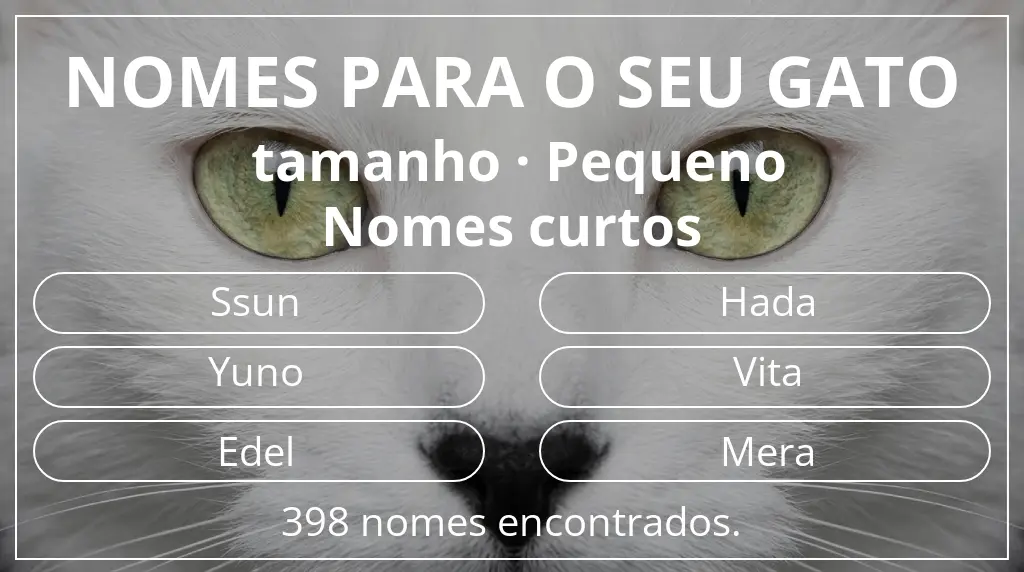 Nomes para gatos baseados em tamanho pequeno e comprimento do nome curto (2–4)