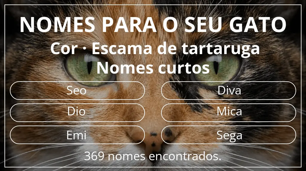 Nomes para gatos com inspiração em cor escama de tartaruga e comprimento do nome curto (2–4)