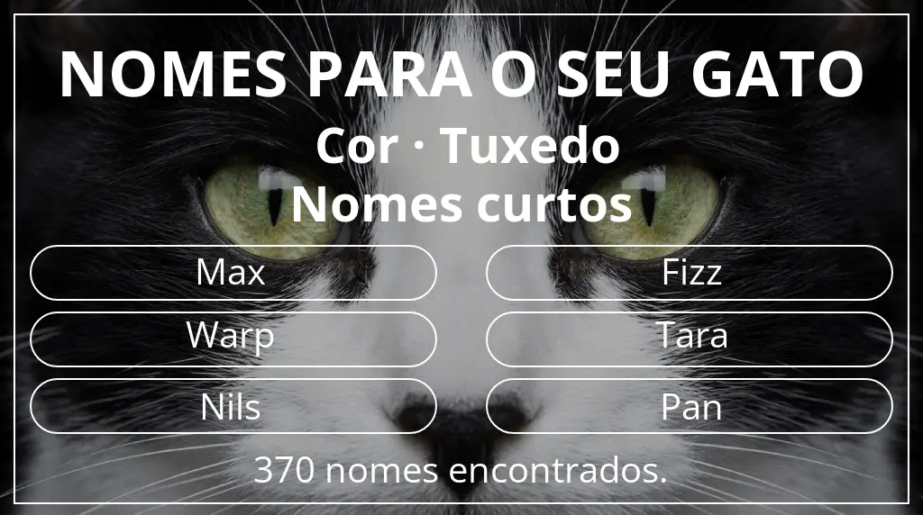 Nomes felinos relacionados com cor tuxedo e comprimento do nome curto (2–4)