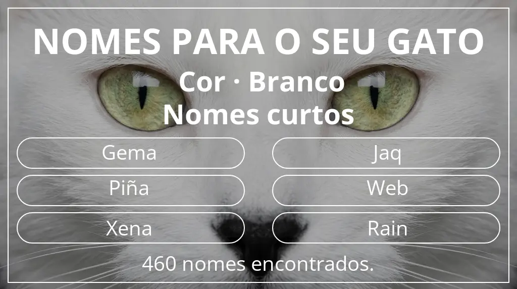 Nomes para gatos com inspiração em cor branco e comprimento do nome curto (2–4)
