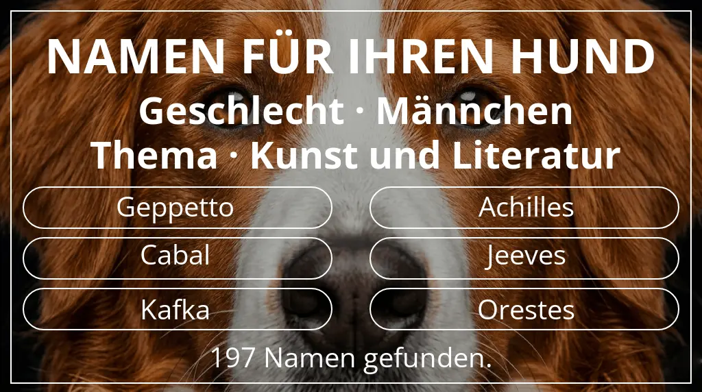 Namen für Hunde basierend auf geschlecht männchen und thema kunst und literatur