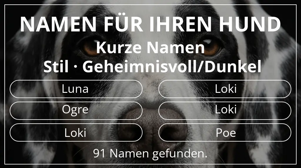 Hundenamen basierend auf namenslänge kurz (2–4) und stil geheimnisvoll/dunkel
