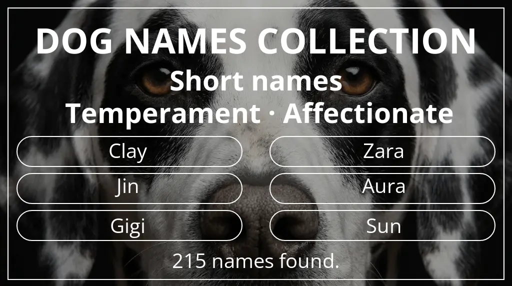 Names for dogs based on short (2–4) name length and affectionate temperament