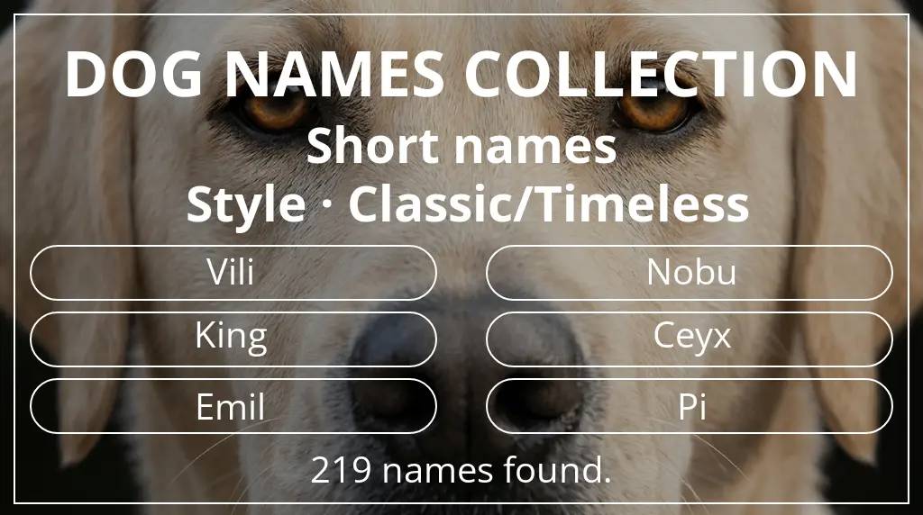 Names for dogs inspired by short (2–4) name length and classic/timeless style