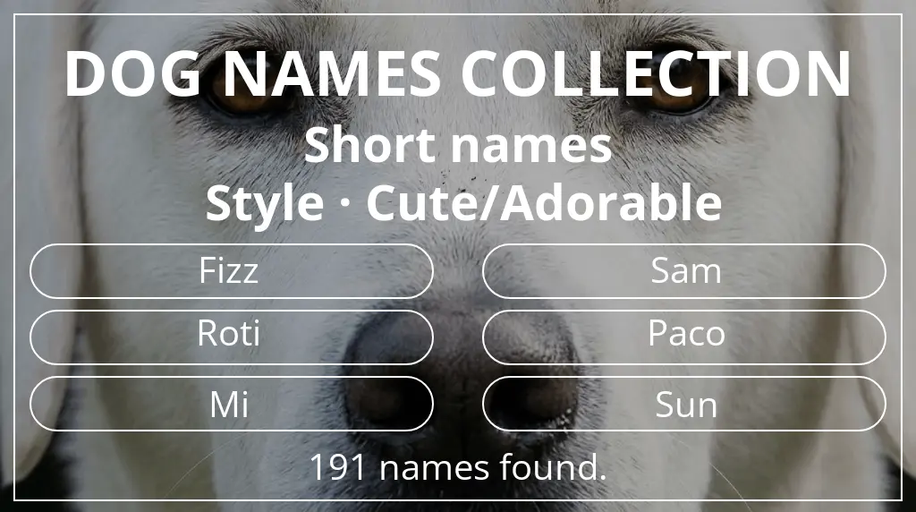 Names for dogs inspired by short (2–4) name length and cute/adorable style