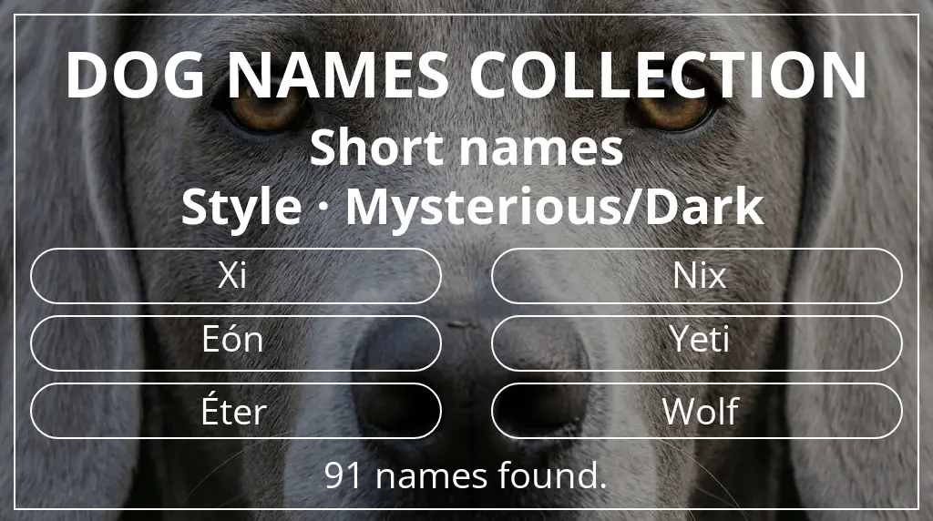 Names for dogs inspired by short (2–4) name length and mysterious/dark style