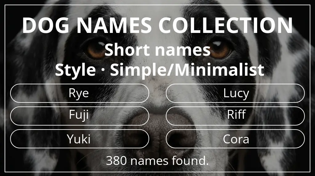 Names for dogs based on short (2–4) name length and simple/minimalist style