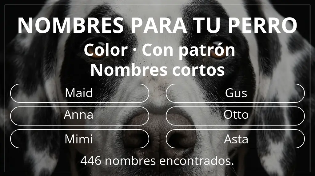 Nombres de perro inspirados en color con patrón y longitud del nombre corto (2-4)