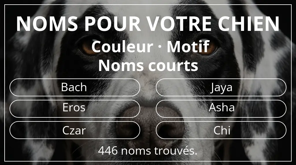 Noms de chiens basés sur couleur motif et longueur du nom court (2 à 4)