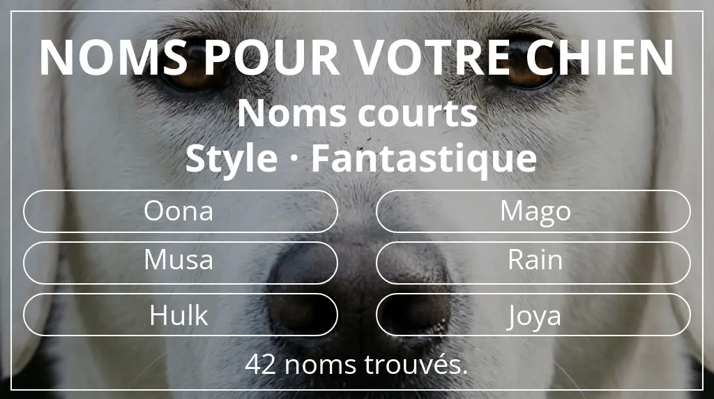 Noms de chiens basés sur longueur du nom court (2 à 4) et style fantastique