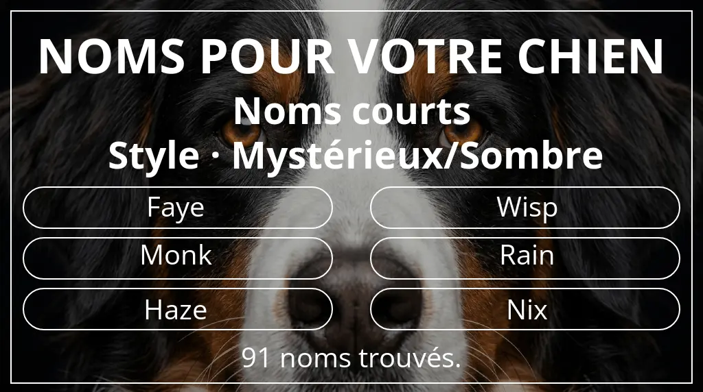 Noms pour chiens basés sur longueur du nom court (2 à 4) et style mystérieux/sombre