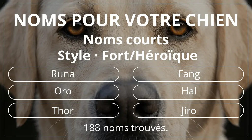 Noms de chiens basés sur longueur du nom court (2 à 4) et style fort/héroïque