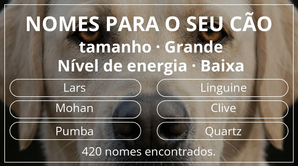 Nomes caninos segundo tamanho grande e nível de energia baixa