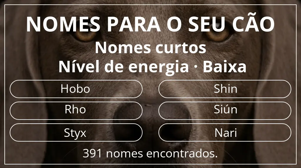 Nomes caninos baseados em comprimento do nome curto (2–4) e nível de energia baixa