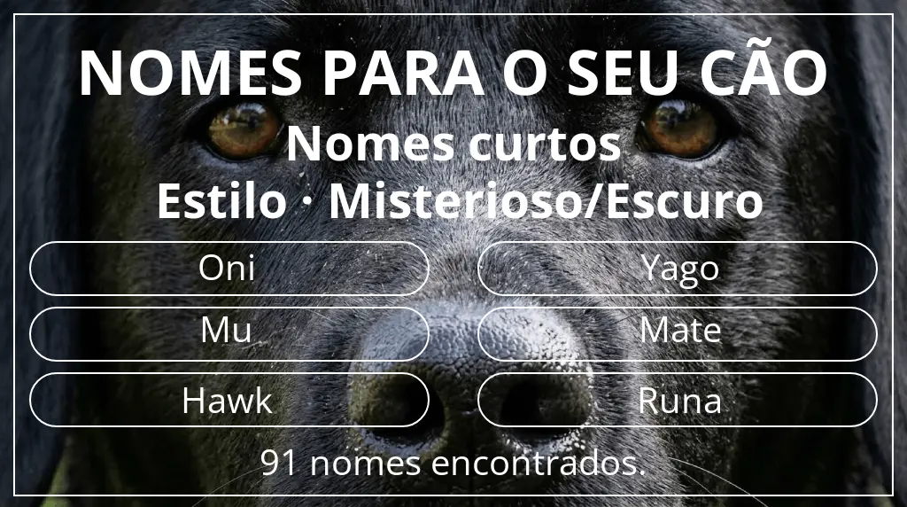Nomes para cães com inspiração em comprimento do nome curto (2–4) e estilo misterioso/escuro